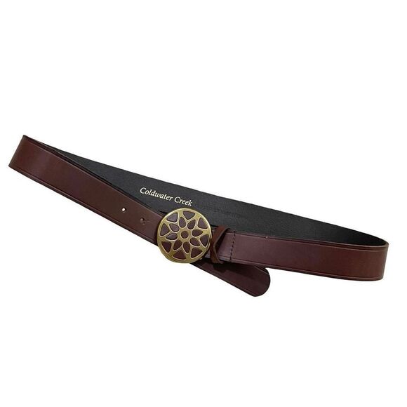 Coldwater Creek leather belt round brass tooled buckle Size L brown boho western - Picture 2 of 9